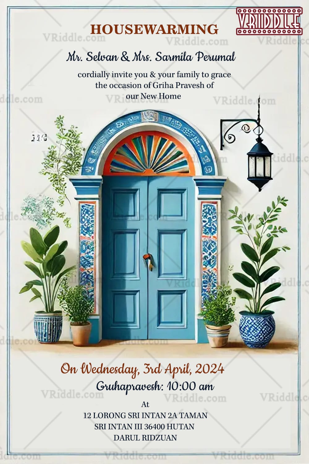 Simple Blue Door Theme Housewarming Invitation with Archway Design and Greenery for a Warm Welcome