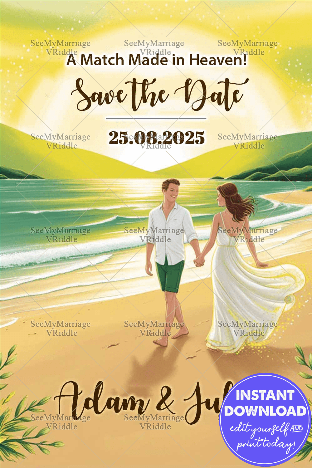 Sunset Stroll Romantic Beach Save the Date Card with Elegant Design