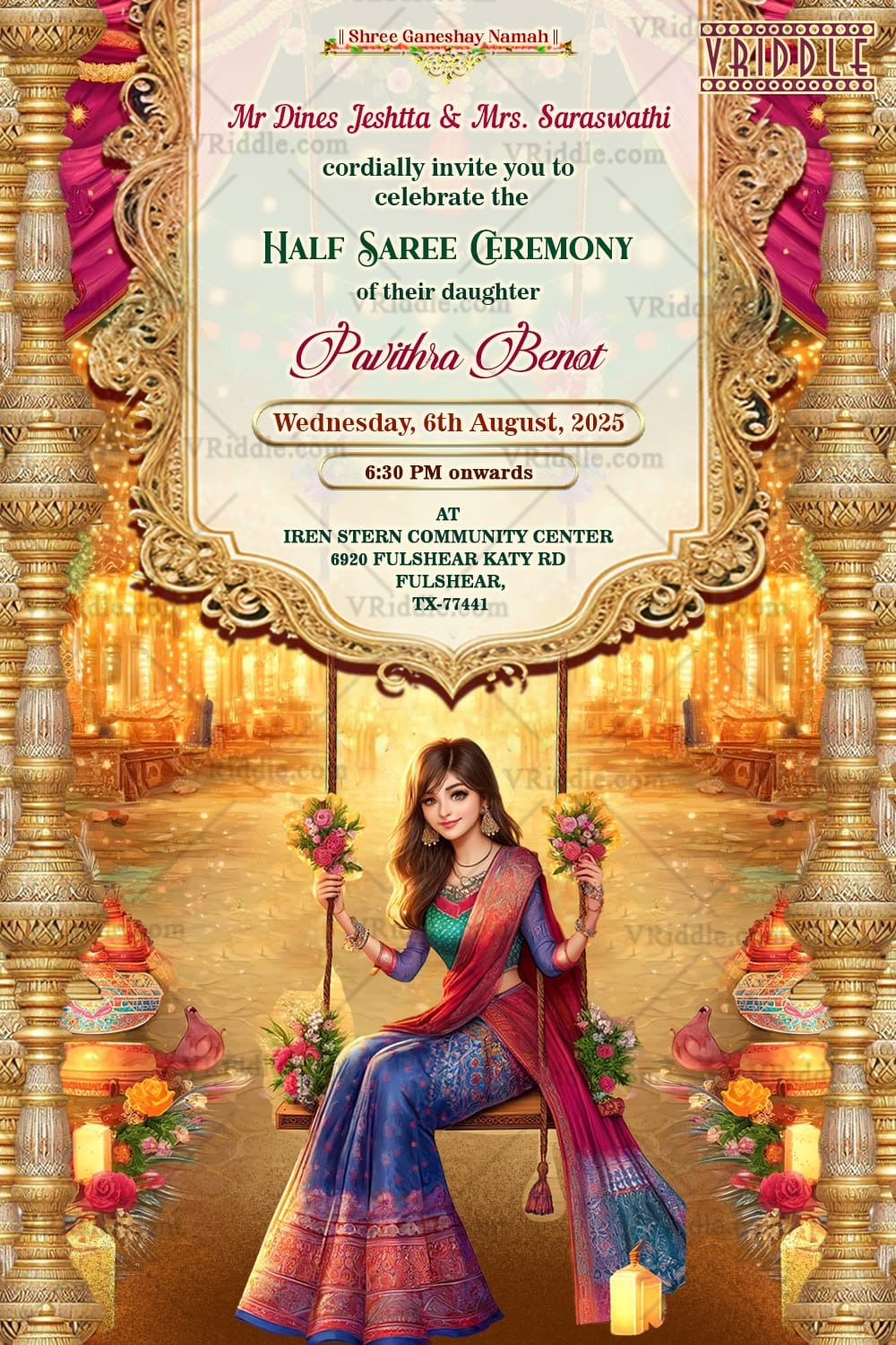 Swing Girl Theme Half Saree Ceremony Invitation with Golden Ornate Pillars and String Lights Background