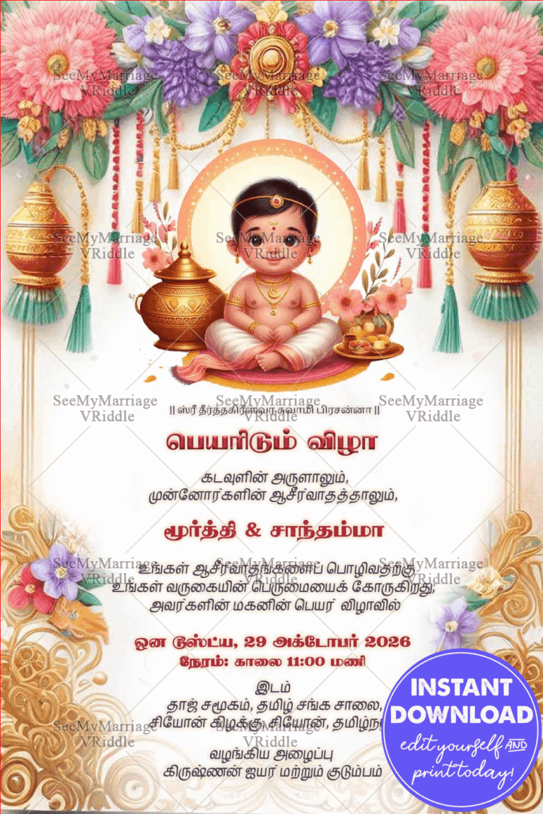 Tamil Tradition Naming Ceremony Invitation with Floral Decor Theme and Cute Baby Illustration Background