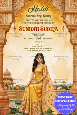 Traditional Bride Haldi Ceremony Invitation with Graceful Cartoon Illustration and Golden Arch Background