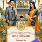 Traditional Dhoti and Housewarming Ceremony Invitation with Family Portrait and Lanterns Decor Background