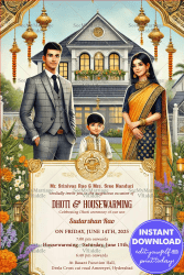 Traditional Dhoti and Housewarming Ceremony Invitation with Family Portrait and Lanterns Decor Background