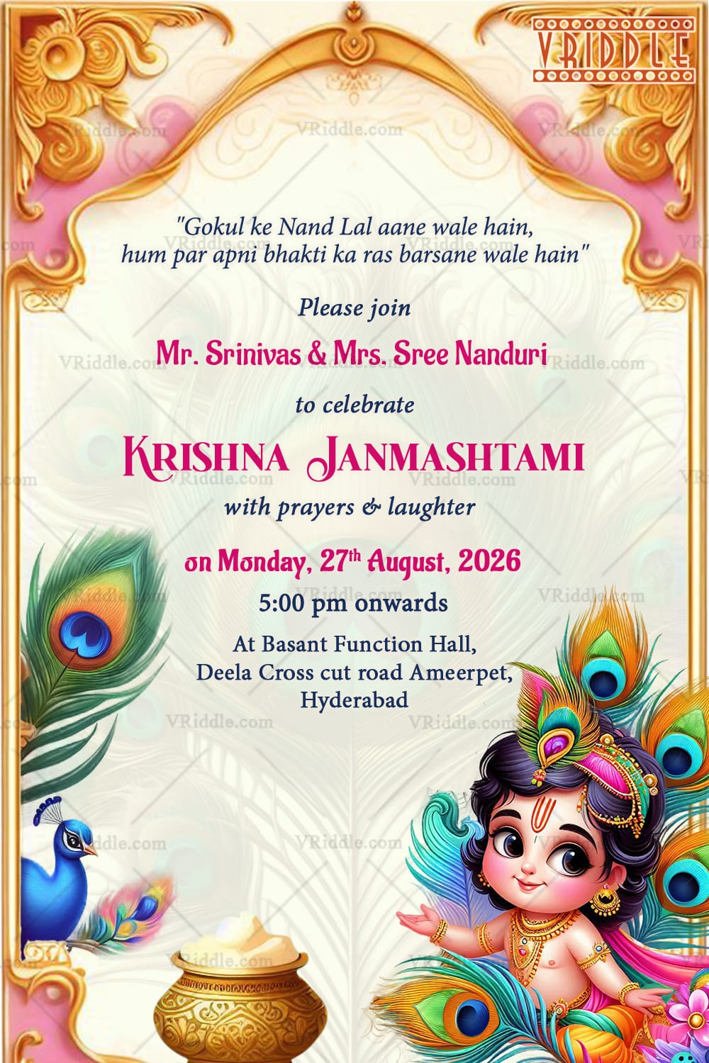 Traditional Krishna Janmashtami Invitation Card with Baby Krishna Theme and Peacock Motifs Background