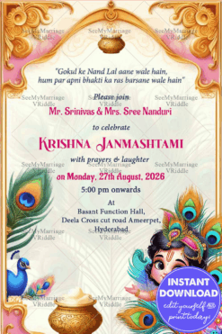 Traditional Krishna Janmashtami Invitation Card with Baby Krishna Theme and Peacock Motifs Background