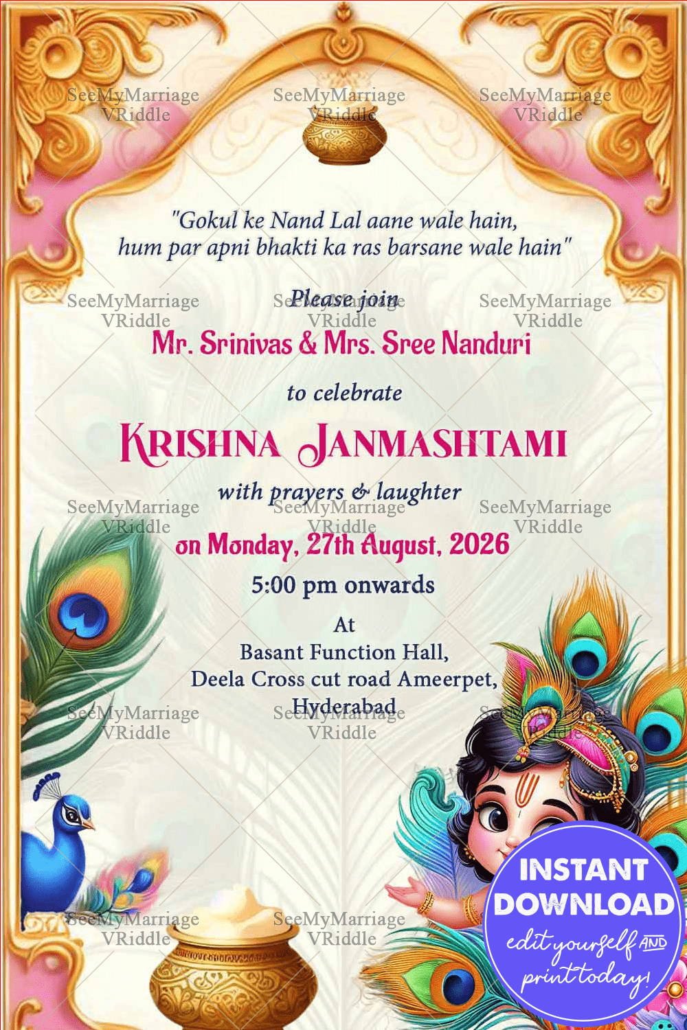 Traditional Krishna Janmashtami Invitation Card with Baby Krishna Theme and Peacock Motifs Background