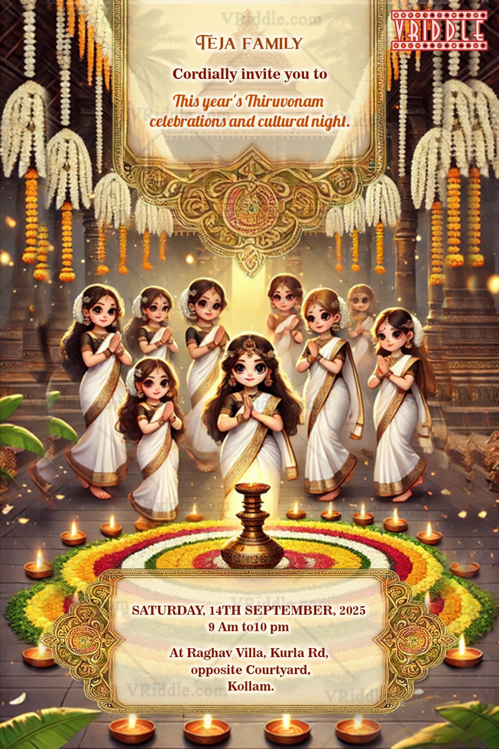 Traditional Onam Thiruvanam Celebrations Invitation Card with Kerala Theme Cartoon Characters