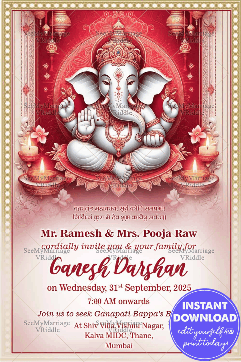 Traditional Rich Red And Gold Theme Ganesh Darshan Invitation Card