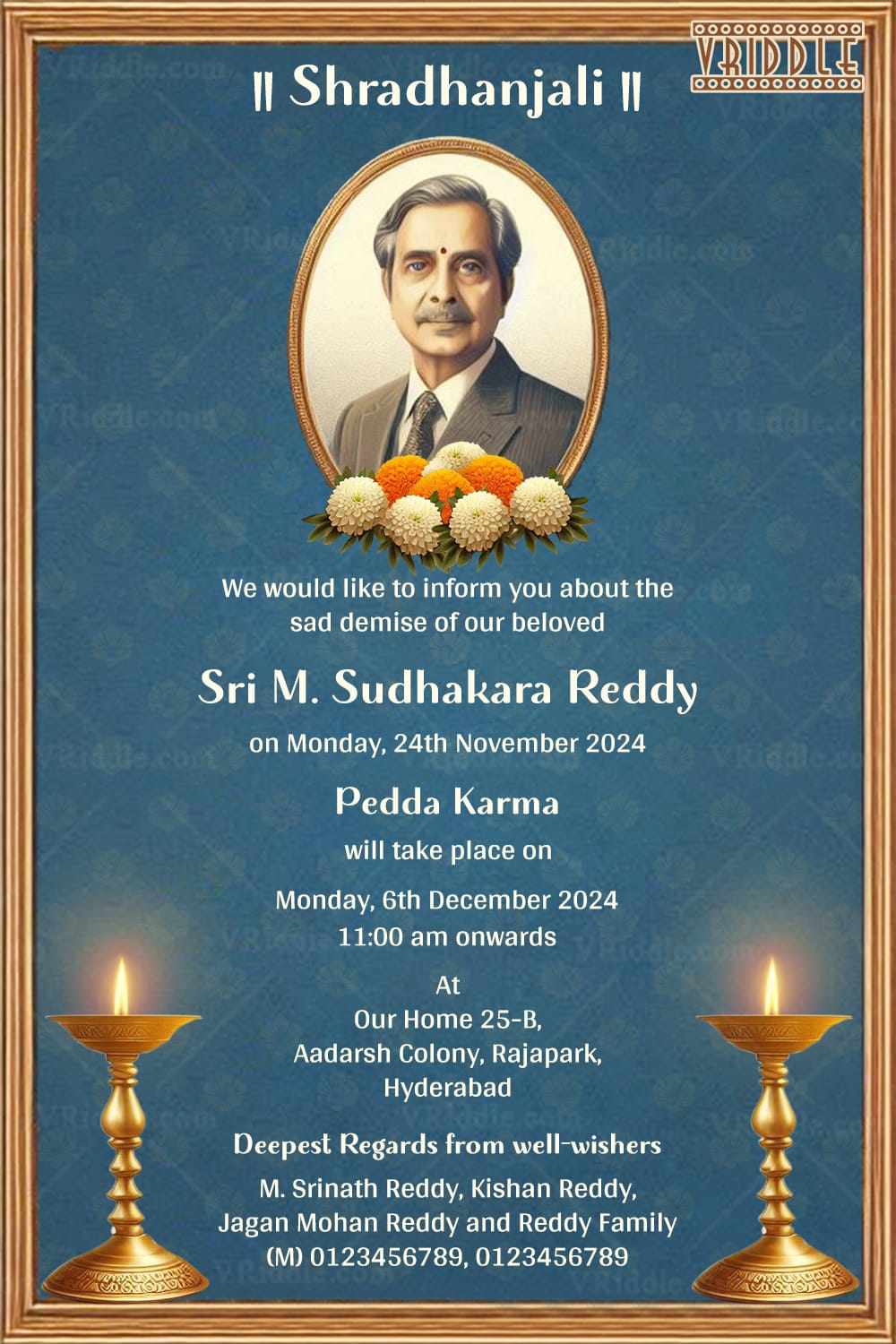 Traditional Shraddanjali Invitation Card with Blue Theme and Add Photo Background