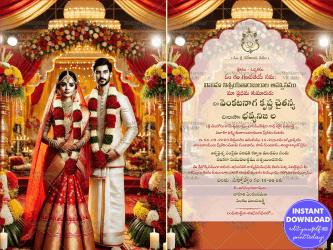 Traditional Telugu Wedding Invitation with Beautiful Couple Theme and Grand Floral Decor Background