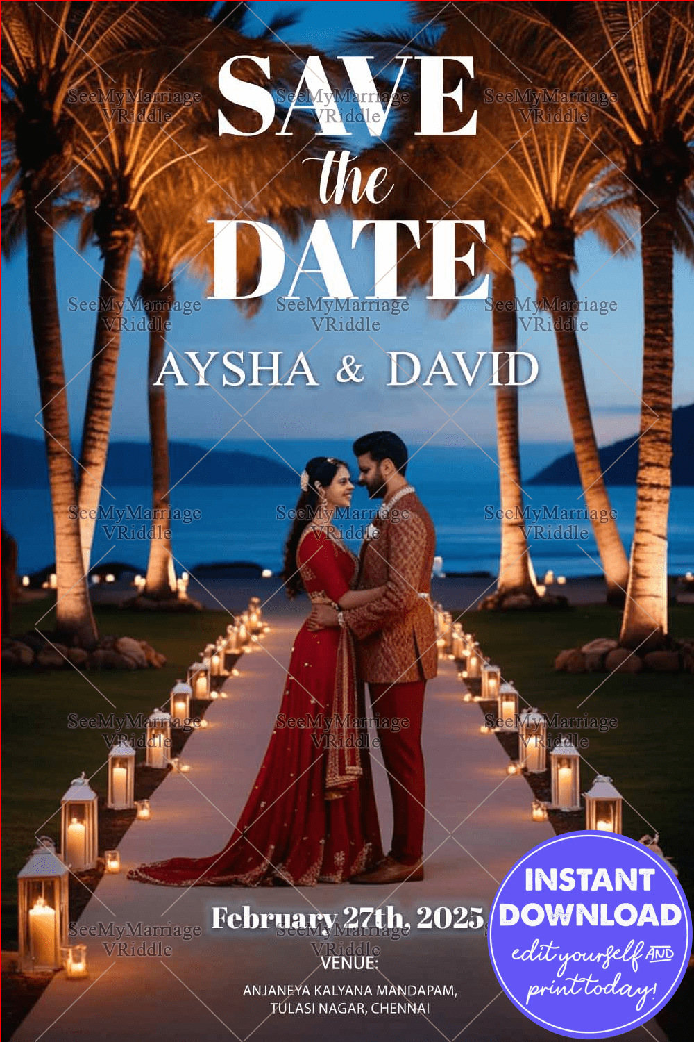 Tropical Elegance Beachside Wedding Save the Date with Lantern Pathway