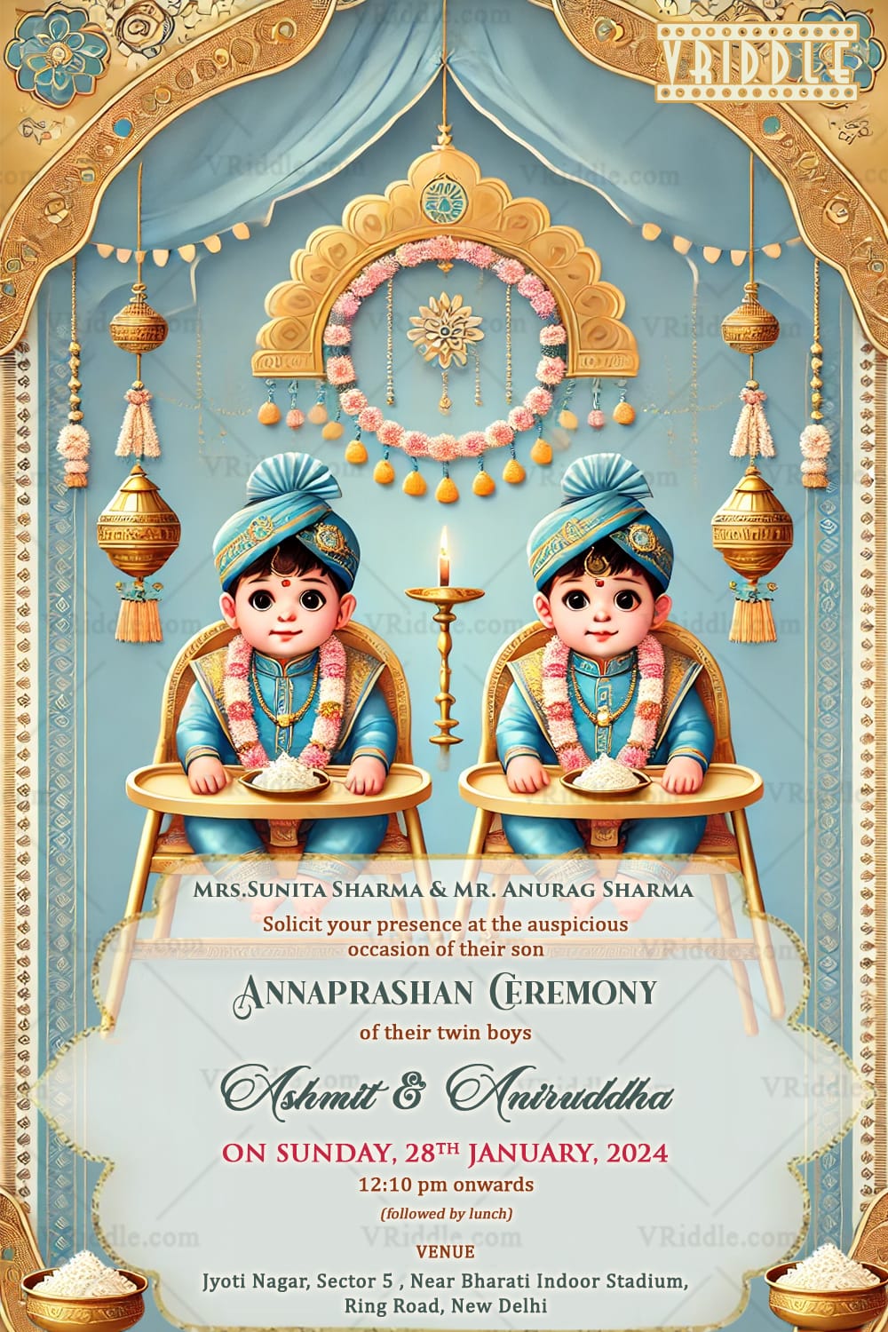 Twin Boys Annaprashan Ceremony Invitation with Regal Blue and Gold Theme and Cute Cartoon Illustration Background