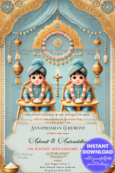 Twin Boys Annaprashan Ceremony Invitation with Regal Blue and Gold Theme and Cute Cartoon Illustration Background