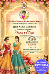 Two sisters Half Saree Ceremony Invitation with Golden Hue Theme and Add Photo Background