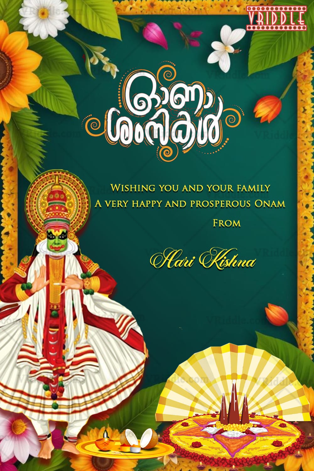 Vibrant Onam Greeting Card with Kathakali Art and Floral Accents