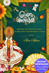 Vibrant Onam Greeting Card with Kathakali Art and Floral Accents