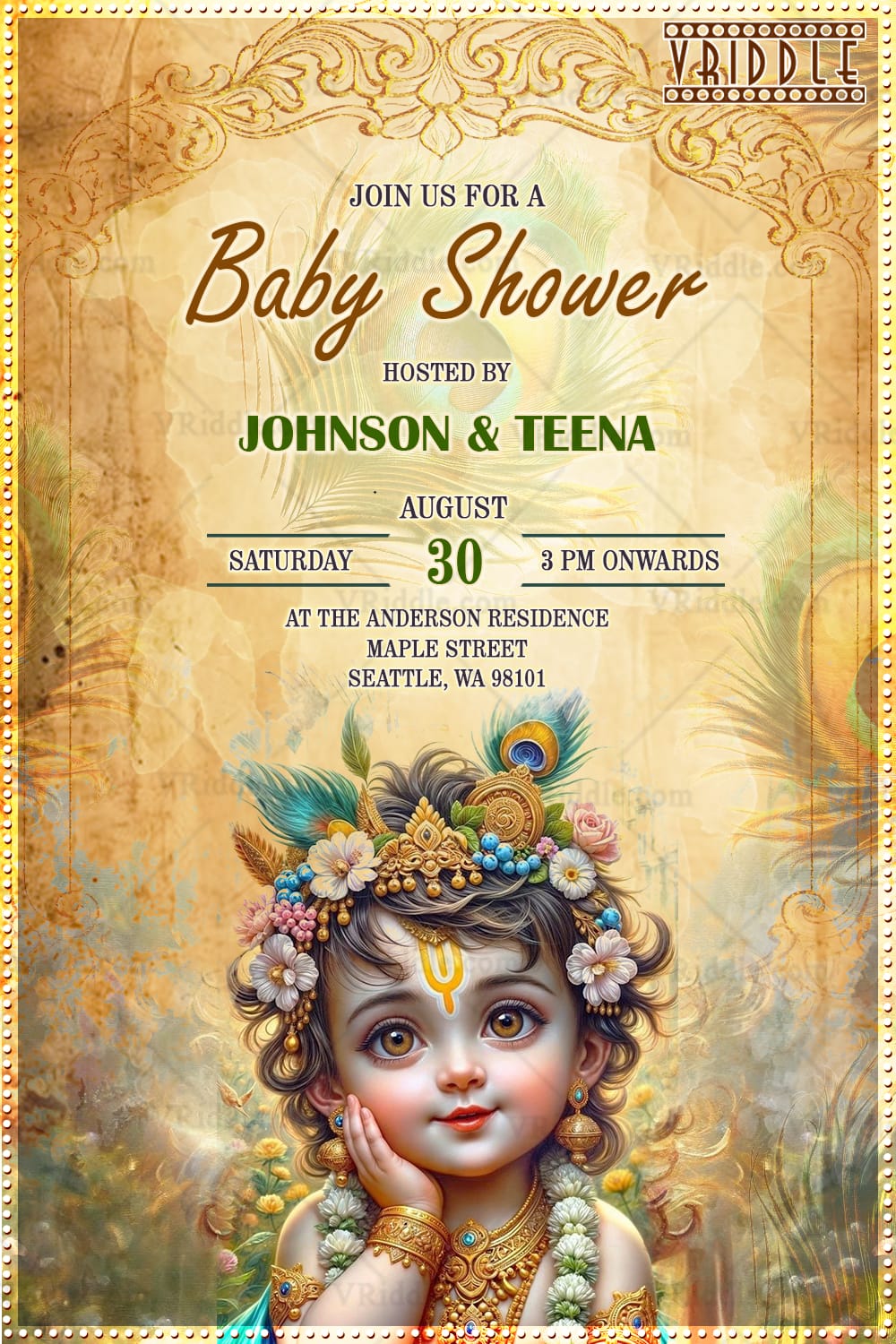Vintage Style Baby Shower Invitation Card with Krishna Illustration and Ornate Design Accents Background