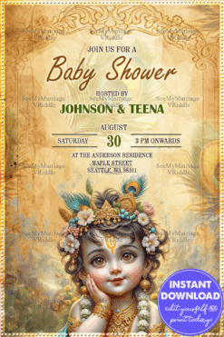 Vintage Style Baby Shower Invitation Card with Krishna Illustration and Ornate Design Accents Background
