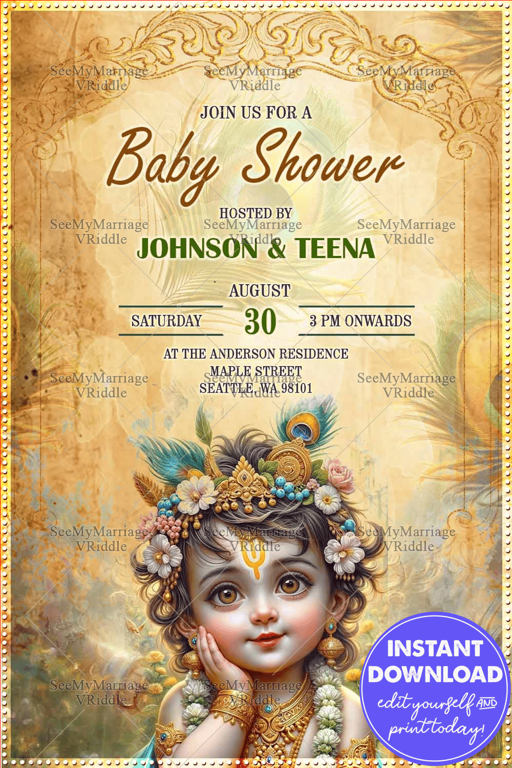 Vintage Style Baby Shower Invitation Card with Krishna Illustration and Ornate Design Accents Background