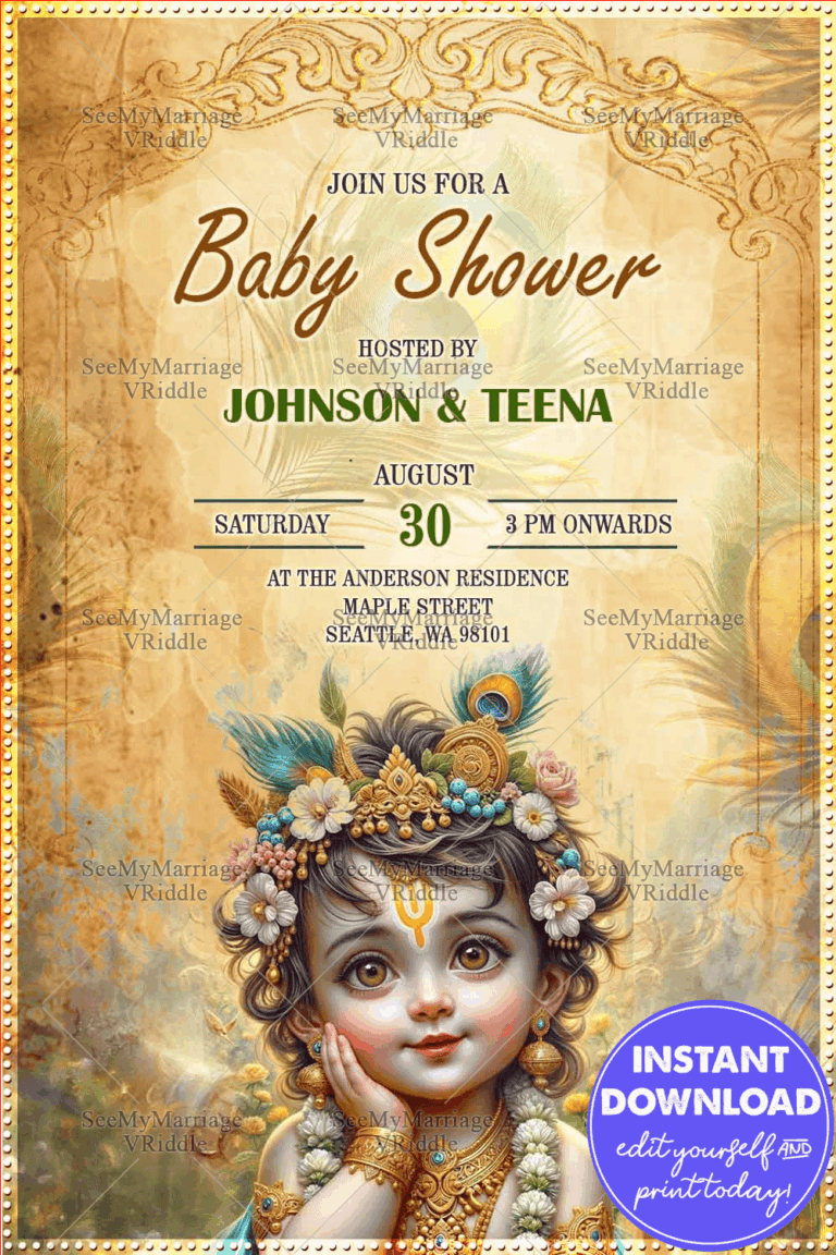 Vintage Style Baby Shower Invitation Card with Krishna Illustration and Ornate Design Accents Background