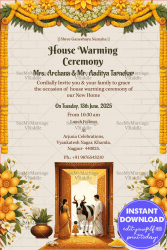 Yellow Floral Theme Housewarming Invitation Card with Traditional Family Illustration Background