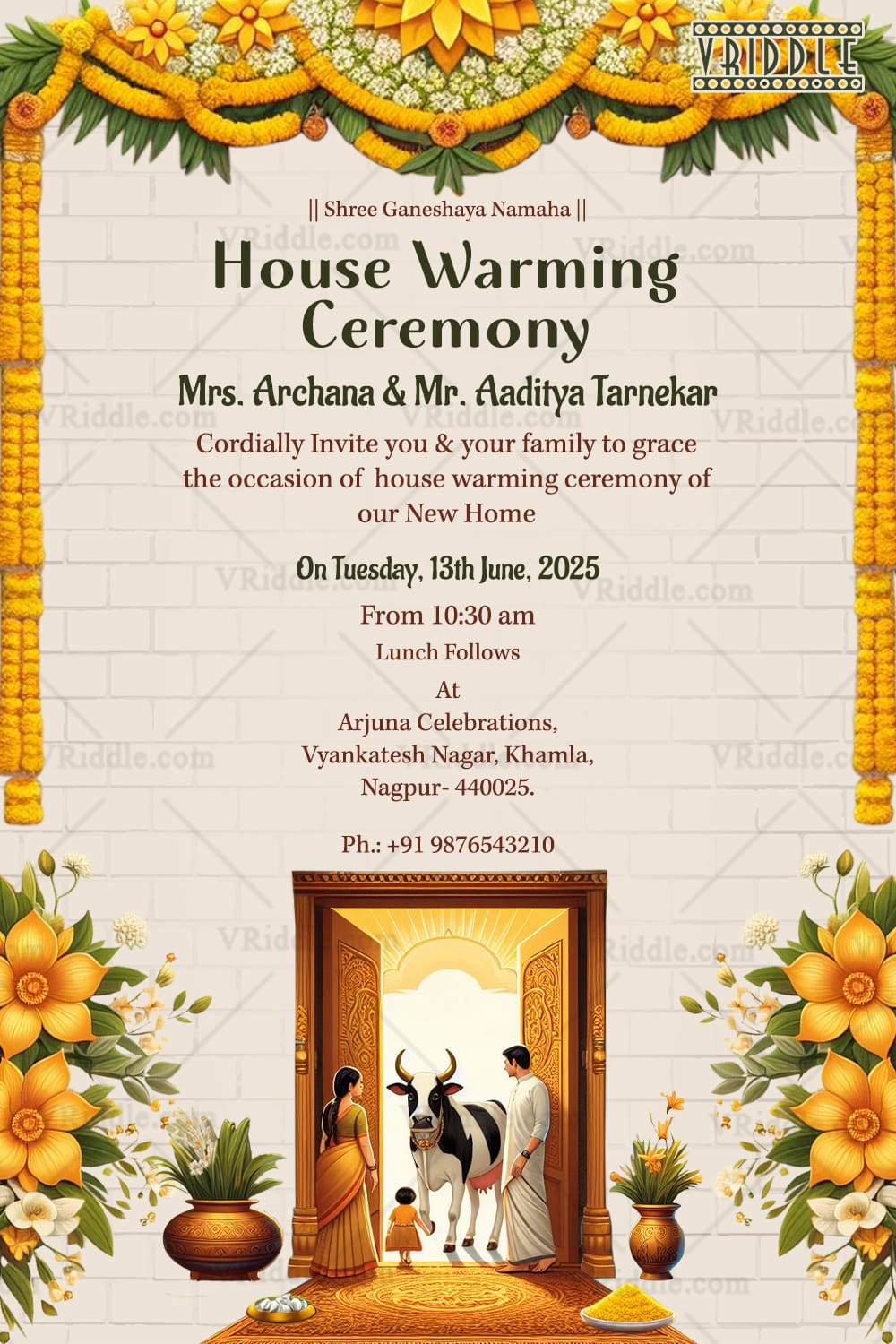Yellow Floral Theme Housewarming Invitation Card with Traditional Family Illustration Background