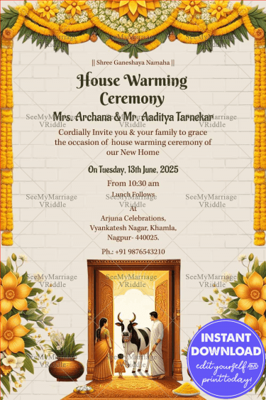 Yellow Floral Theme Housewarming Invitation Card with Traditional ...