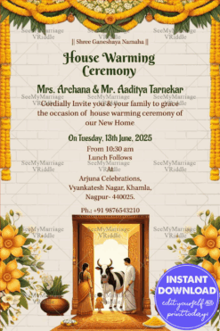 Yellow Floral Theme Housewarming Invitation Card with Traditional Family Illustration Background