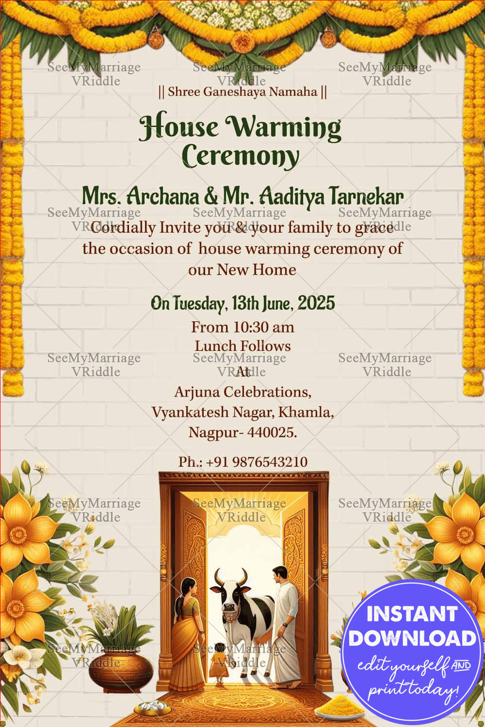 Yellow Floral Theme Housewarming Invitation Card with Traditional Family Illustration Background New