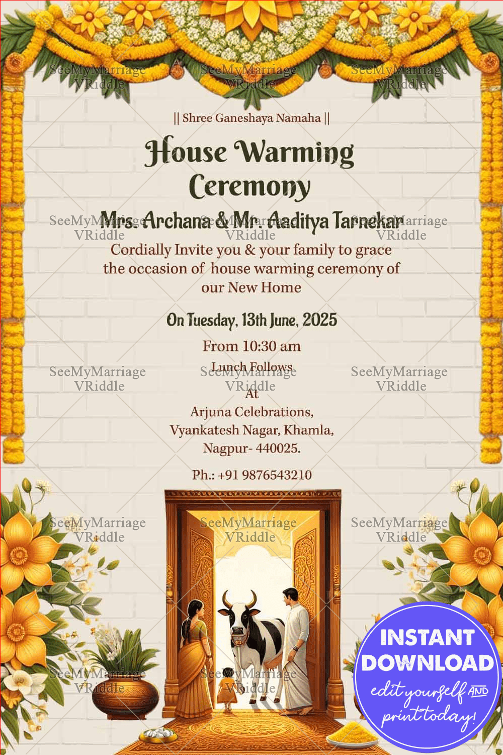 Yellow Floral Theme Housewarming Invitation Card With Traditional 