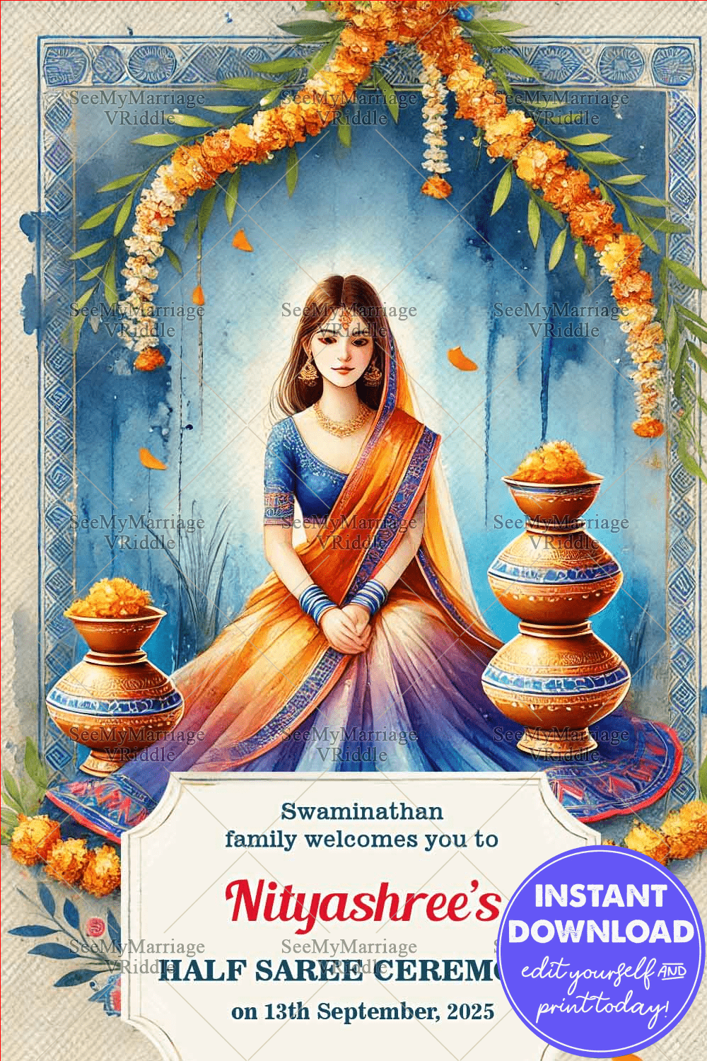 Marigold Garland Theme Half Saree Ceremony Welcome Poster with Watercolor Style
