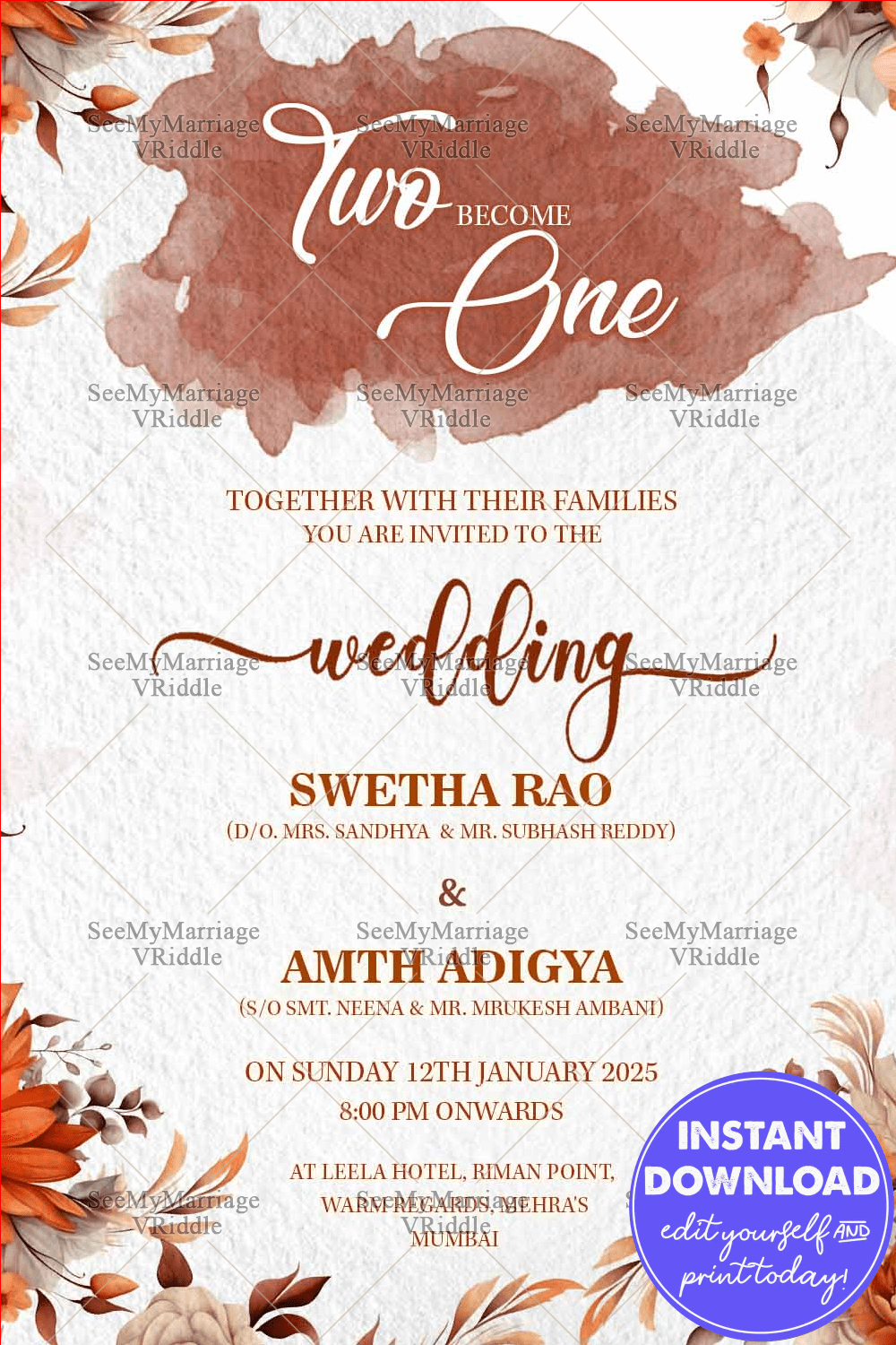 Botanical Boho Chic Style Wedding Invitation Card with Floral Bliss Theme