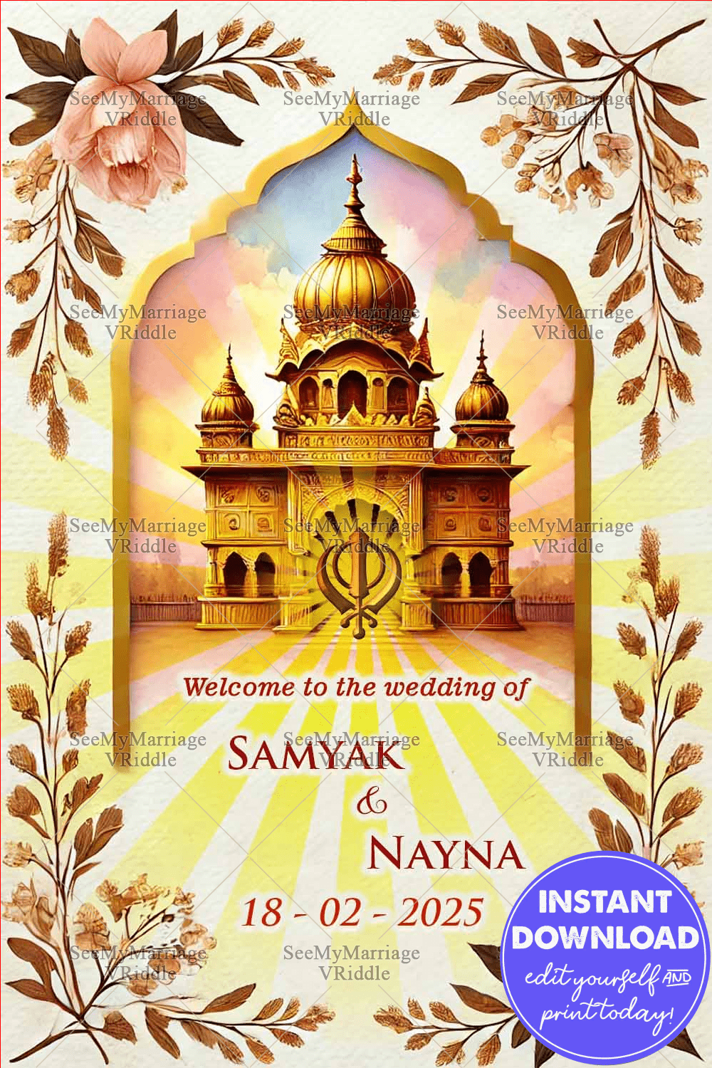 Golden Shrine Theme Punjabi Wedding Ceremony Welcome Poster