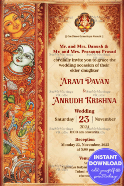 Kerala Mural Painted Theme Traditional Wedding Invitation Card