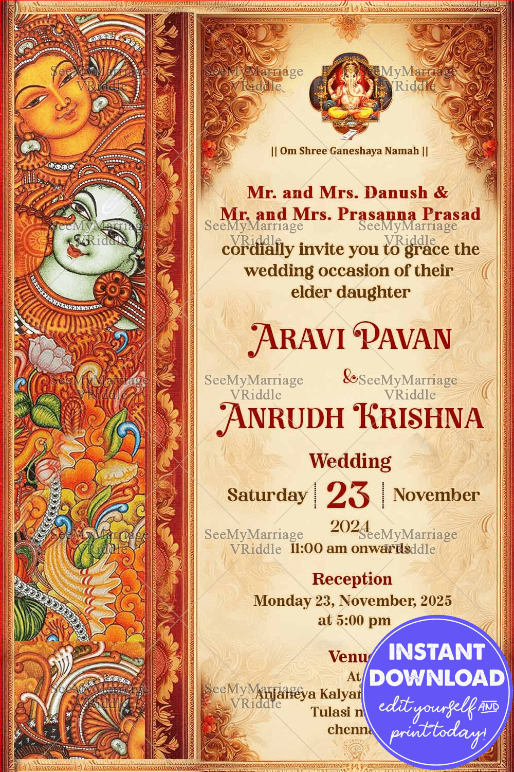 Kerala Mural Painted Theme Traditional Wedding Invitation Card