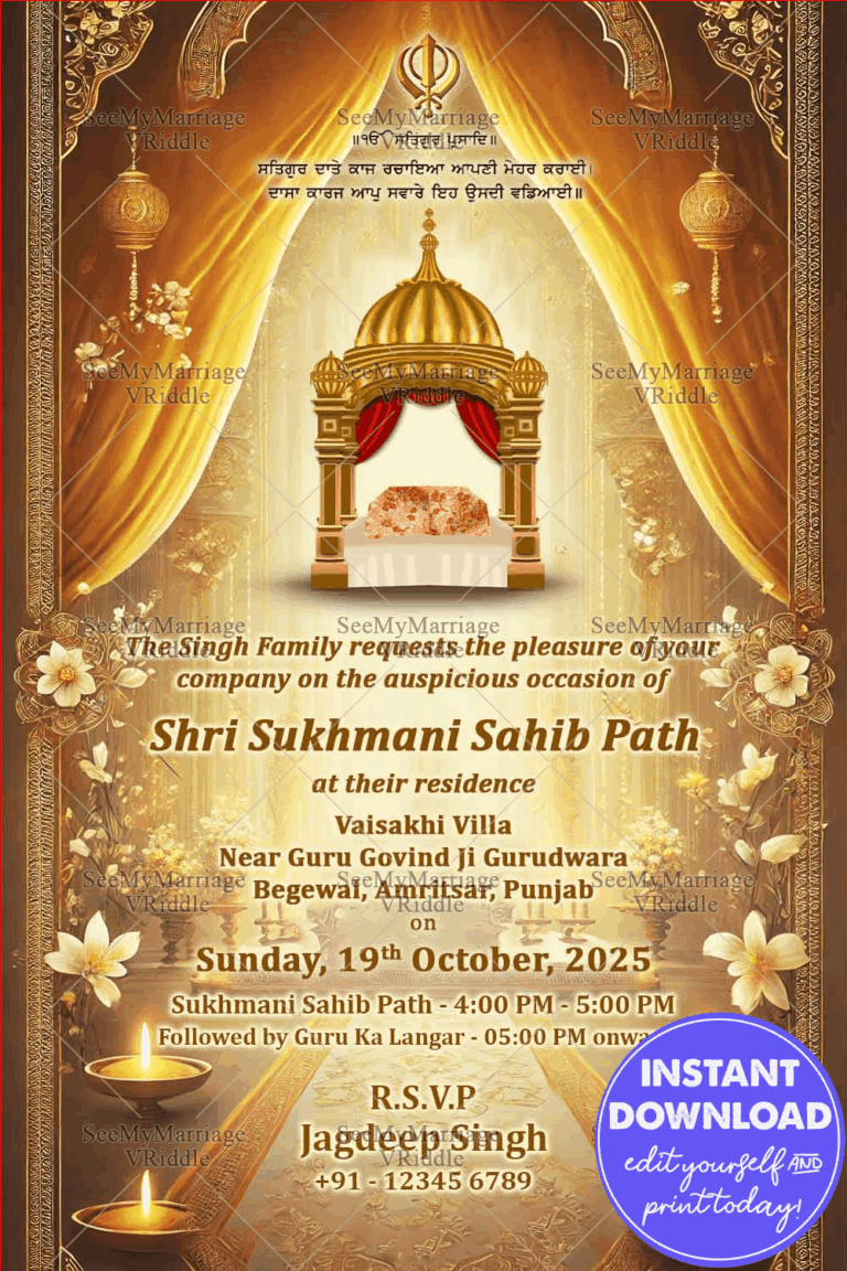 Golden Sanctuary Sukhmani Sahib Path Invitation Card with Floral Design