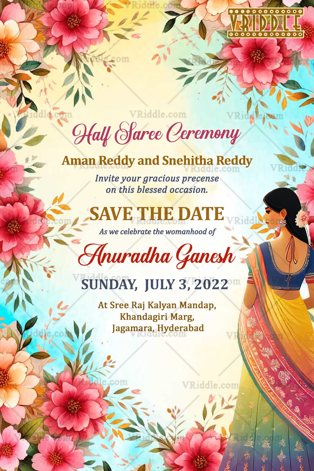 Backturned Girl Half Saree Ceremony Invitation Card with Pastel Blooms Theme