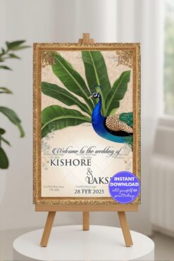 Banana Leaves Decor Telugu Wedding Ceremony Welcome Poster with Peacock Theme