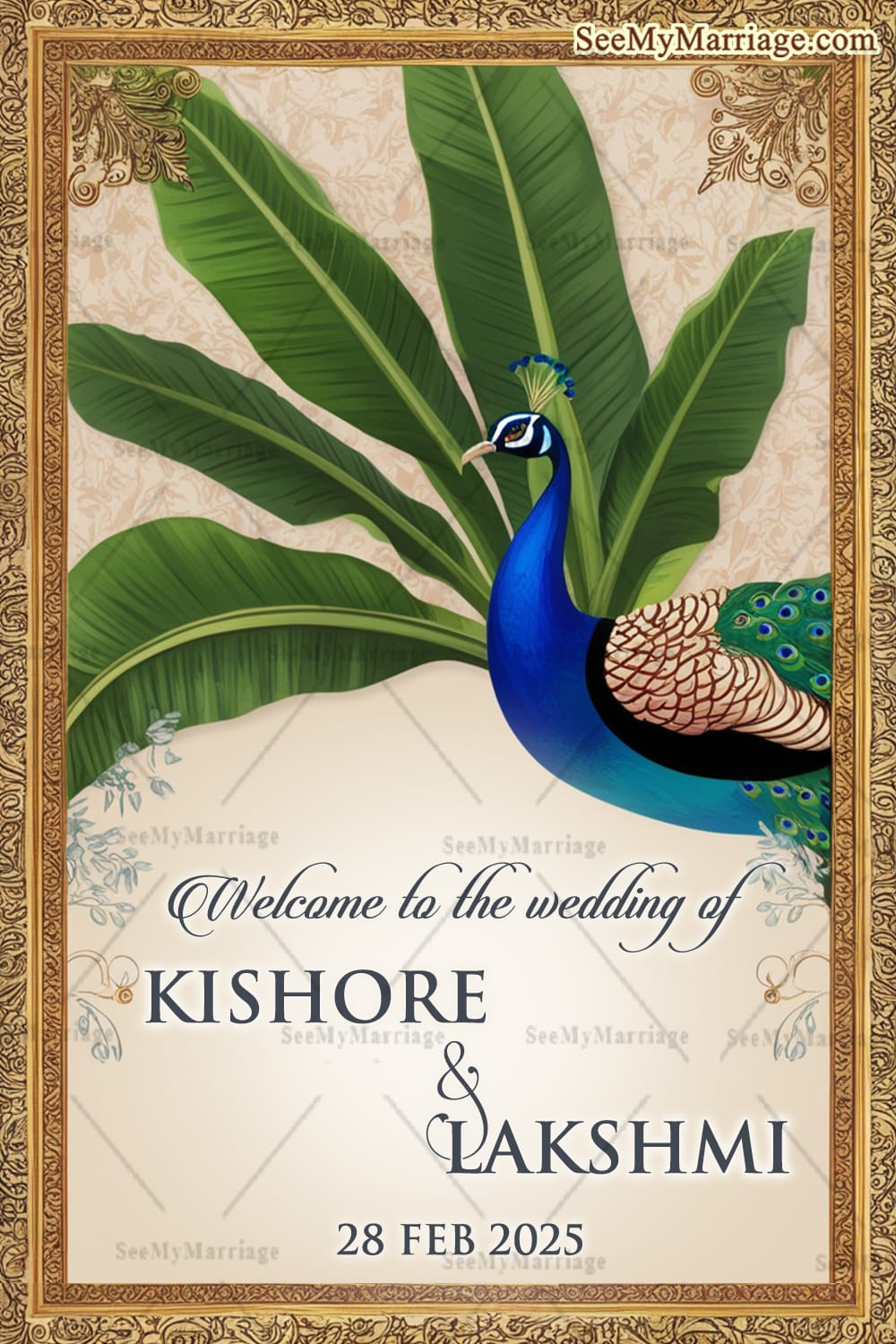 Banana Leaves Decor Telugu Wedding Ceremony Welcome Poster with Peacock Theme