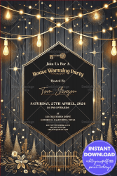 Black and Gold Theme Housewarming Party Invitation Card with String Lights and wooden Texture