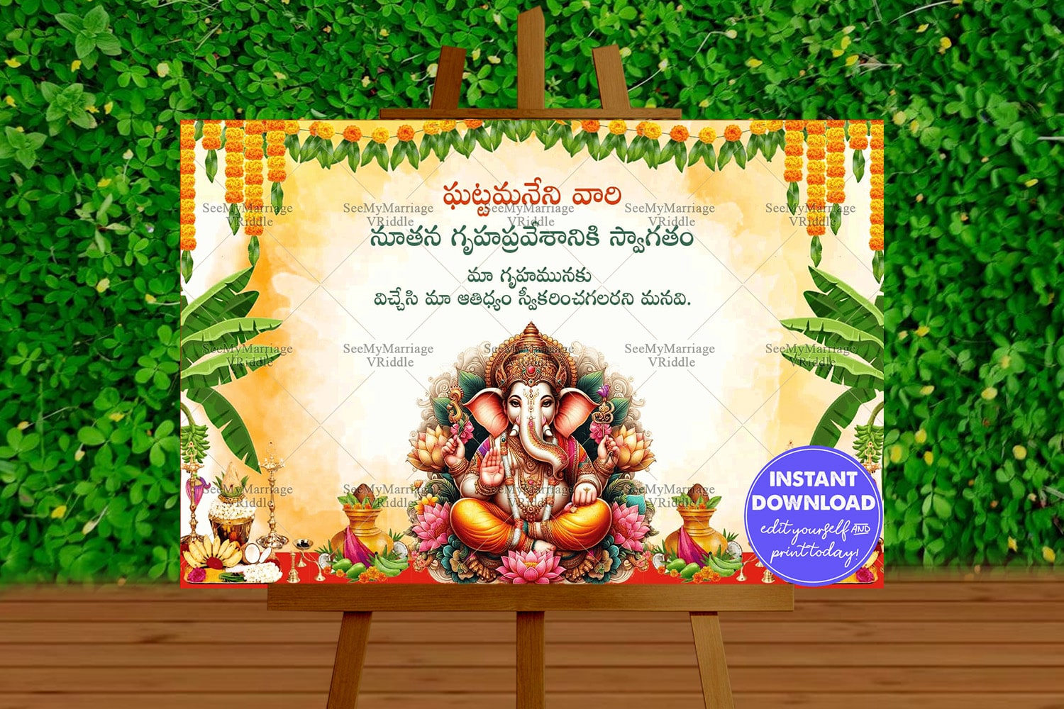 Blessed Floral Ganesha Telugu Housewarming Welcome Banner
