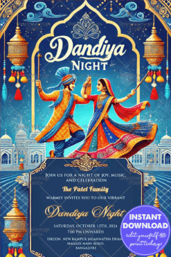 Blue Theme Dandiya Night Invitation Card with Dancing Couple Illustration