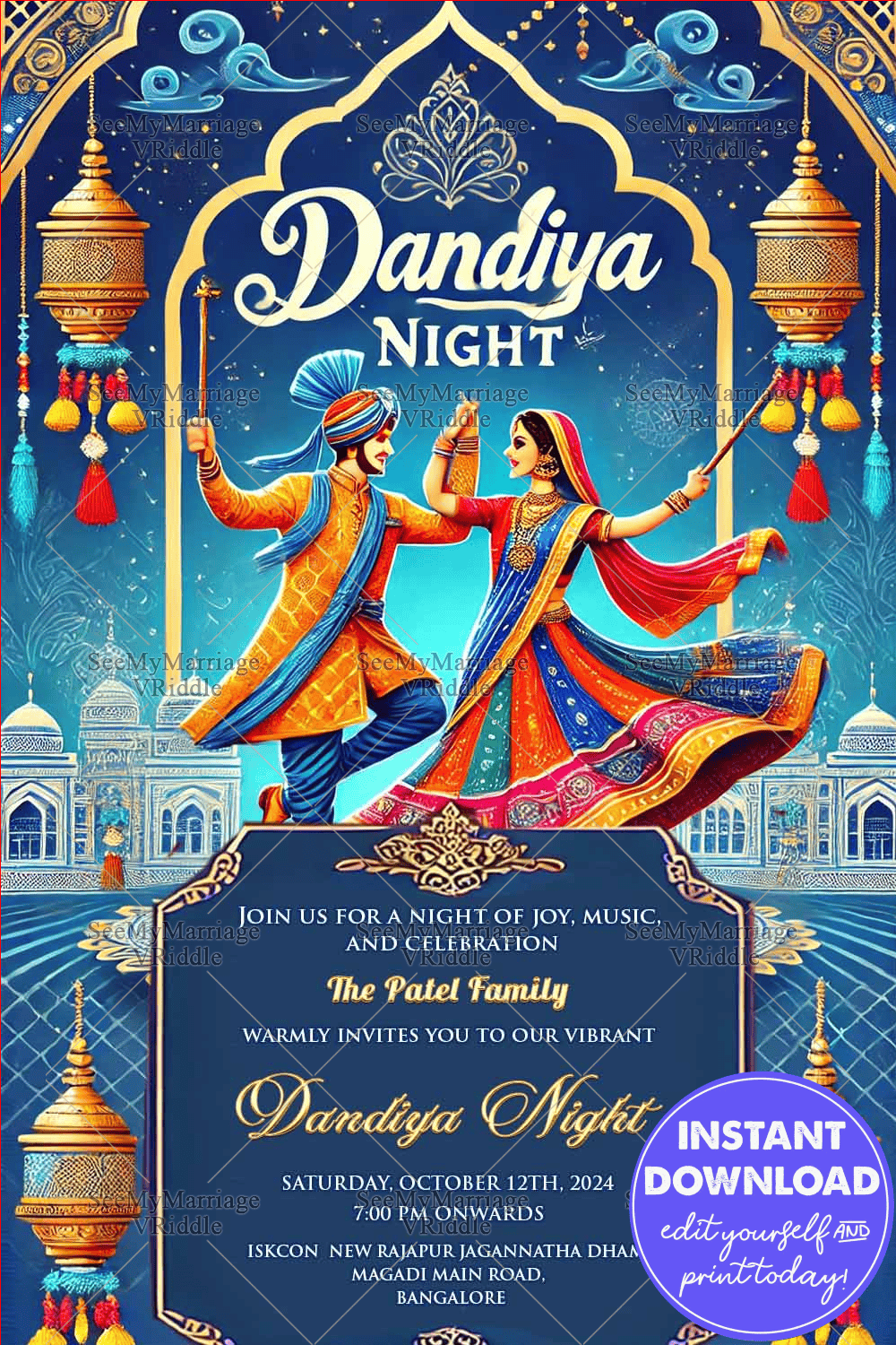 Blue Theme Dandiya Night Invitation Card with Dancing Couple Illustration