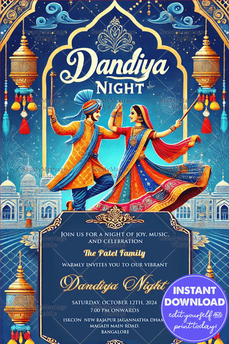Blue Theme Dandiya Night Invitation Card with Dancing Couple Illustration