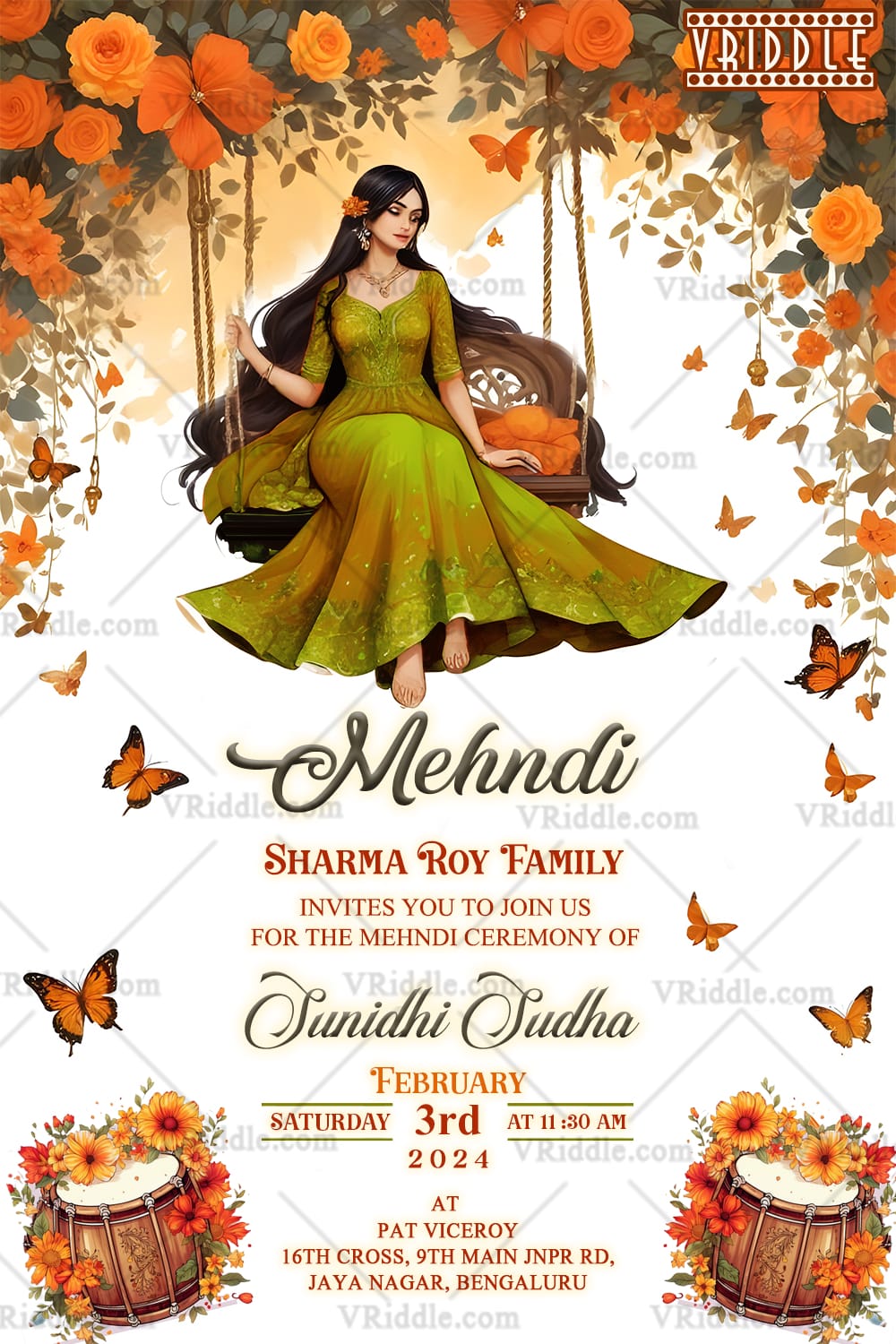 Butterfly Garden Mehndi Ceremony Invitation Card with Floral Swing Theme