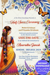 Butterfly Garden Theme Half Saree Ceremony Invitation Card with Lavender Flowers