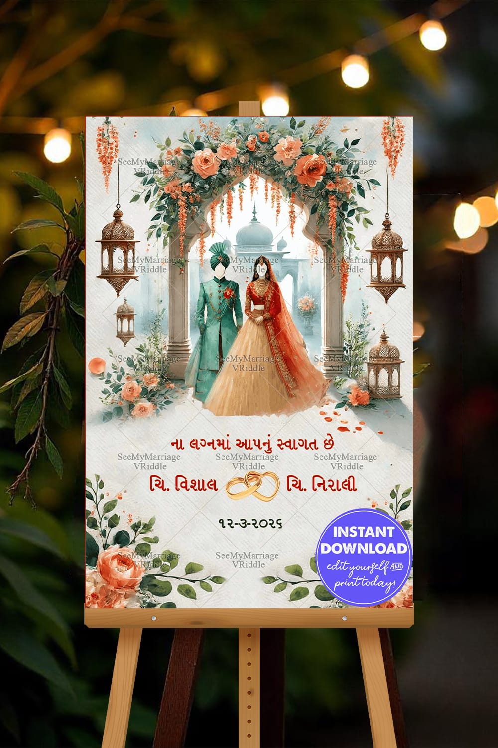 Caricature Theme Gujarati Wedding Ceremony Welcome Poster Mockup