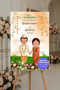 Cartoon Couple Theme Marathi Wedding Welcome Poster