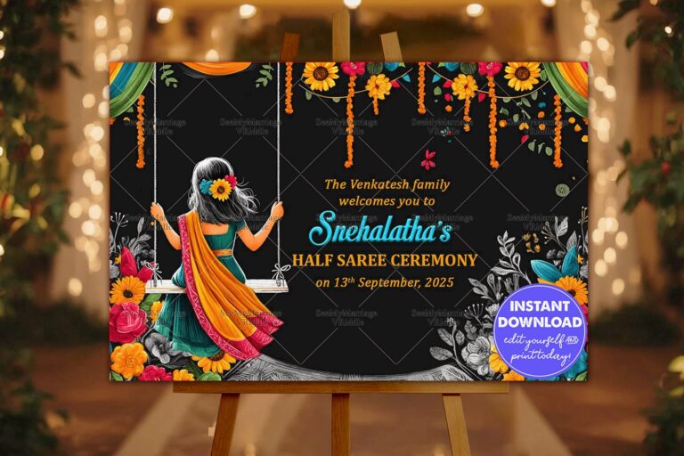 Colorful Blooms Half Saree Ceremony Welcome Poster with Swing Theme