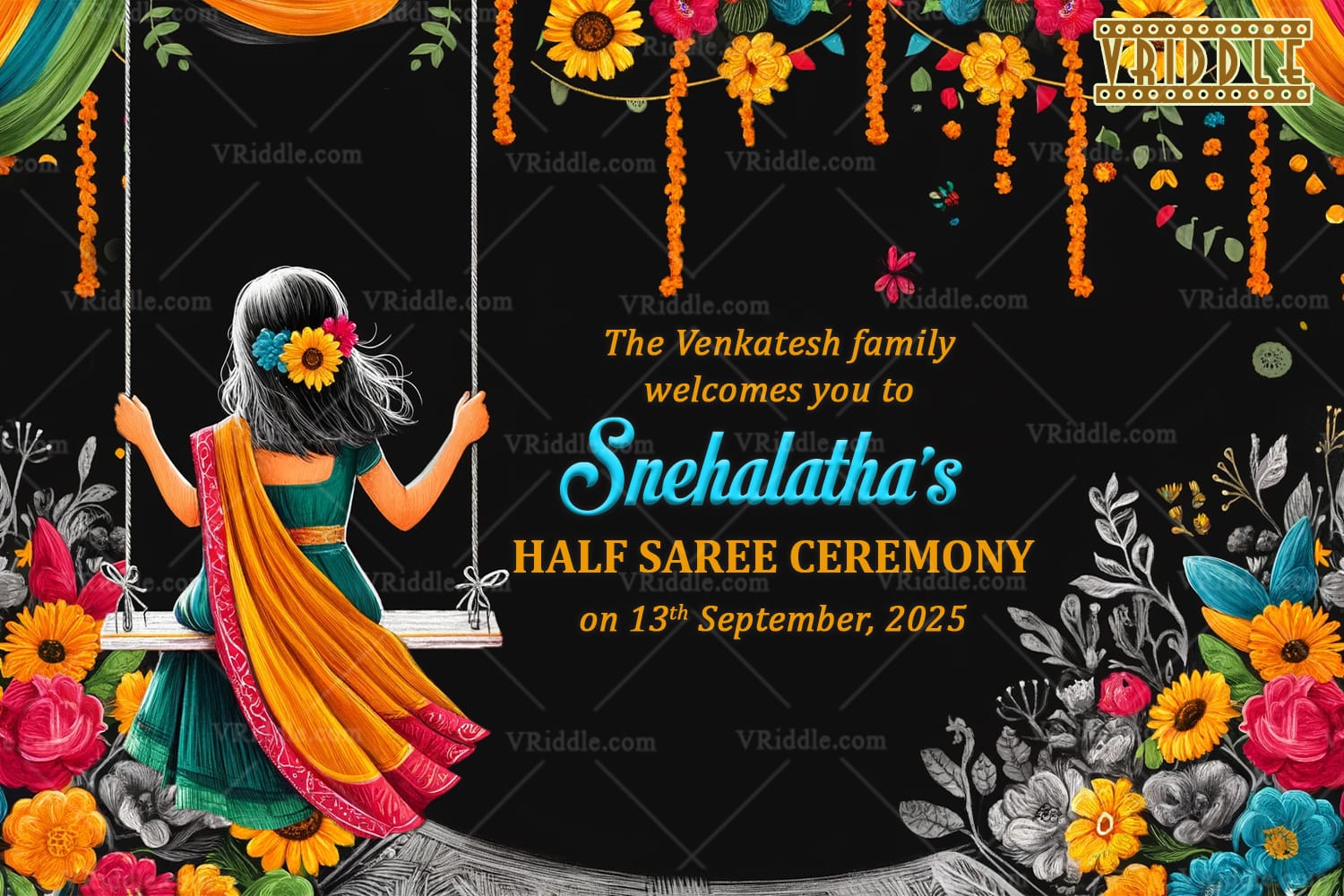 Colorful Blooms Half Saree Ceremony Welcome Poster with Swing Theme